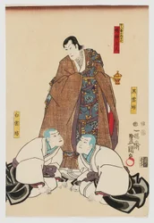 Narukami: Ichikawa Danjuro VIII como centro de Narukami Shonin, Ichikawa Komazo VII como Kokuunbo à direita, e Ichikawa Saruzo como Hakuunbo à esquerda